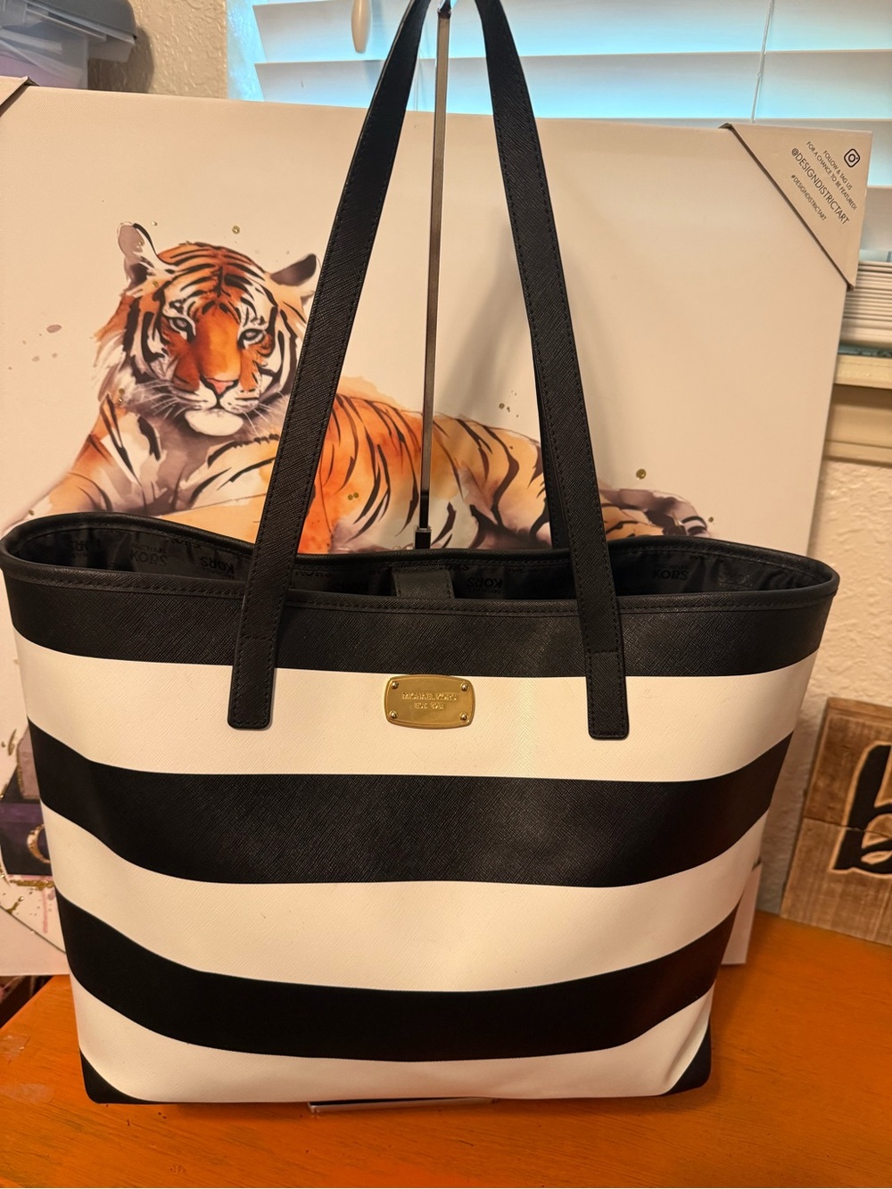 Michael Kors Black and White Striped Saffiano Tote EUC